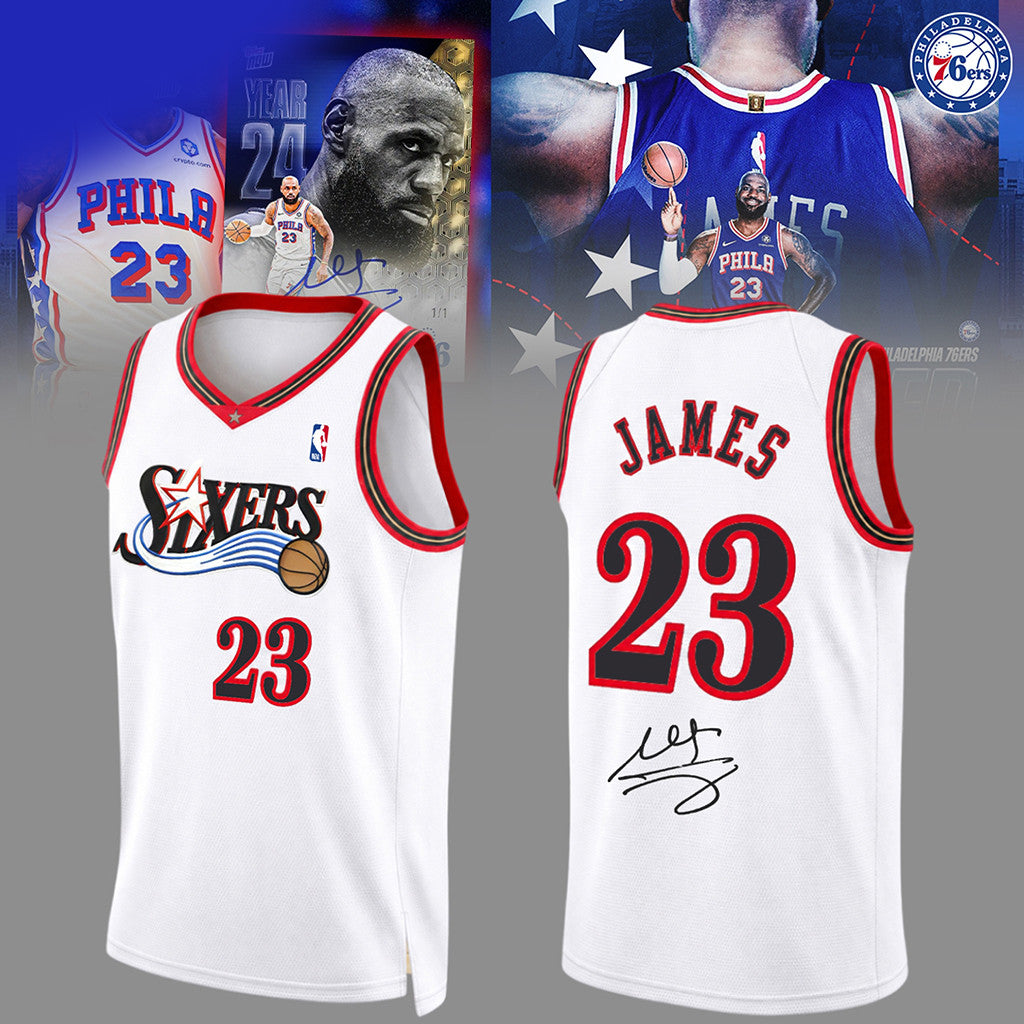 Lebron James Merch Philadelphia 76ers #23 Lebron James Signed Jersey White Red Fan Apparel - Merchluma