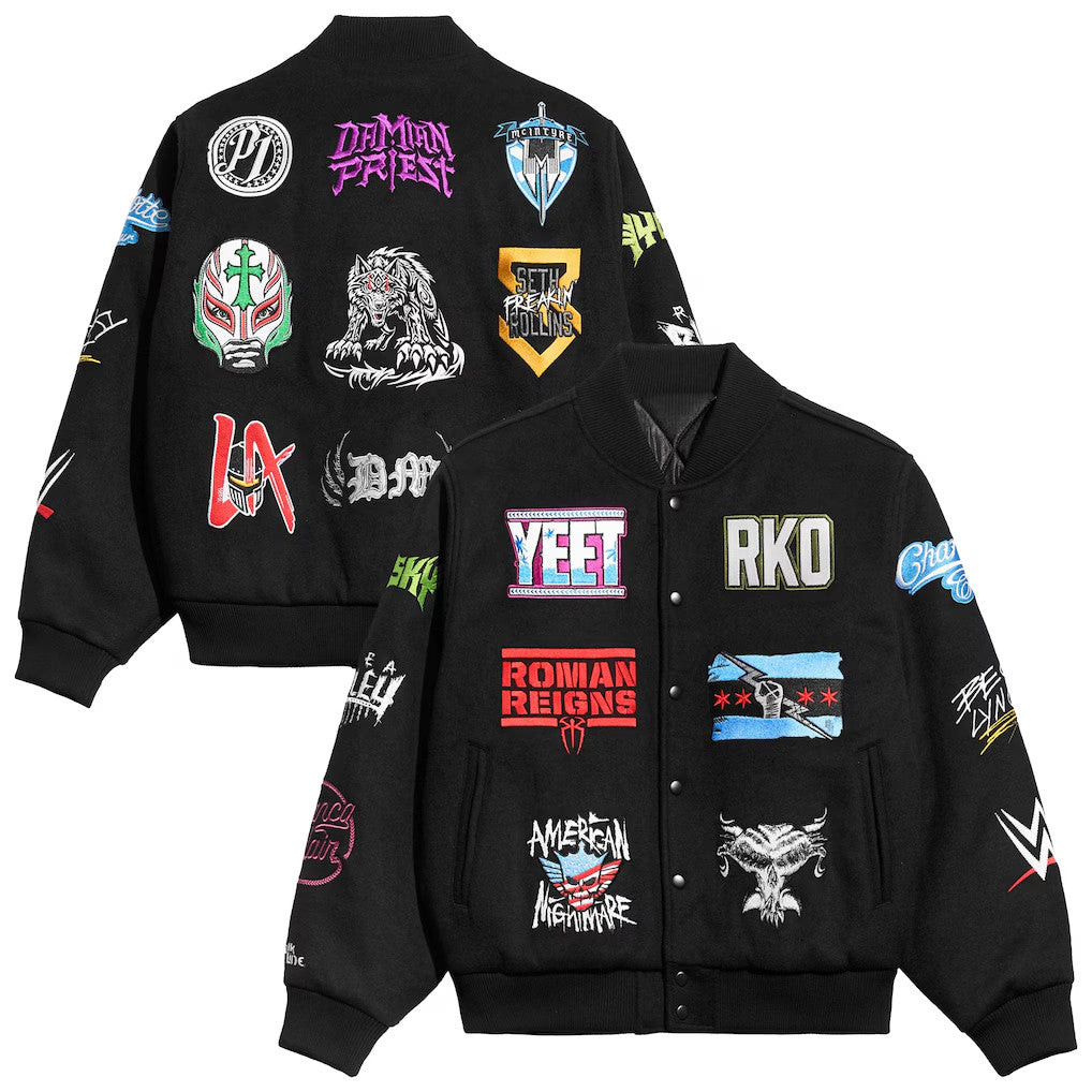 WWE Merch 2026 Chalk Line Black WWE Superstar Logos Varsity Jacket Gift For Wrestlers Fans - Merchluma