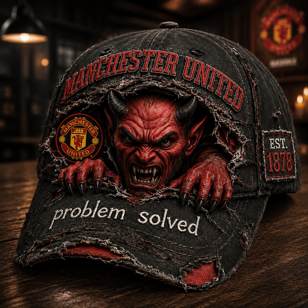Manchester United FC Red Devils Distressed Hat Problem Solved Hat MU FC Merch Gift For Dad - Merchluma