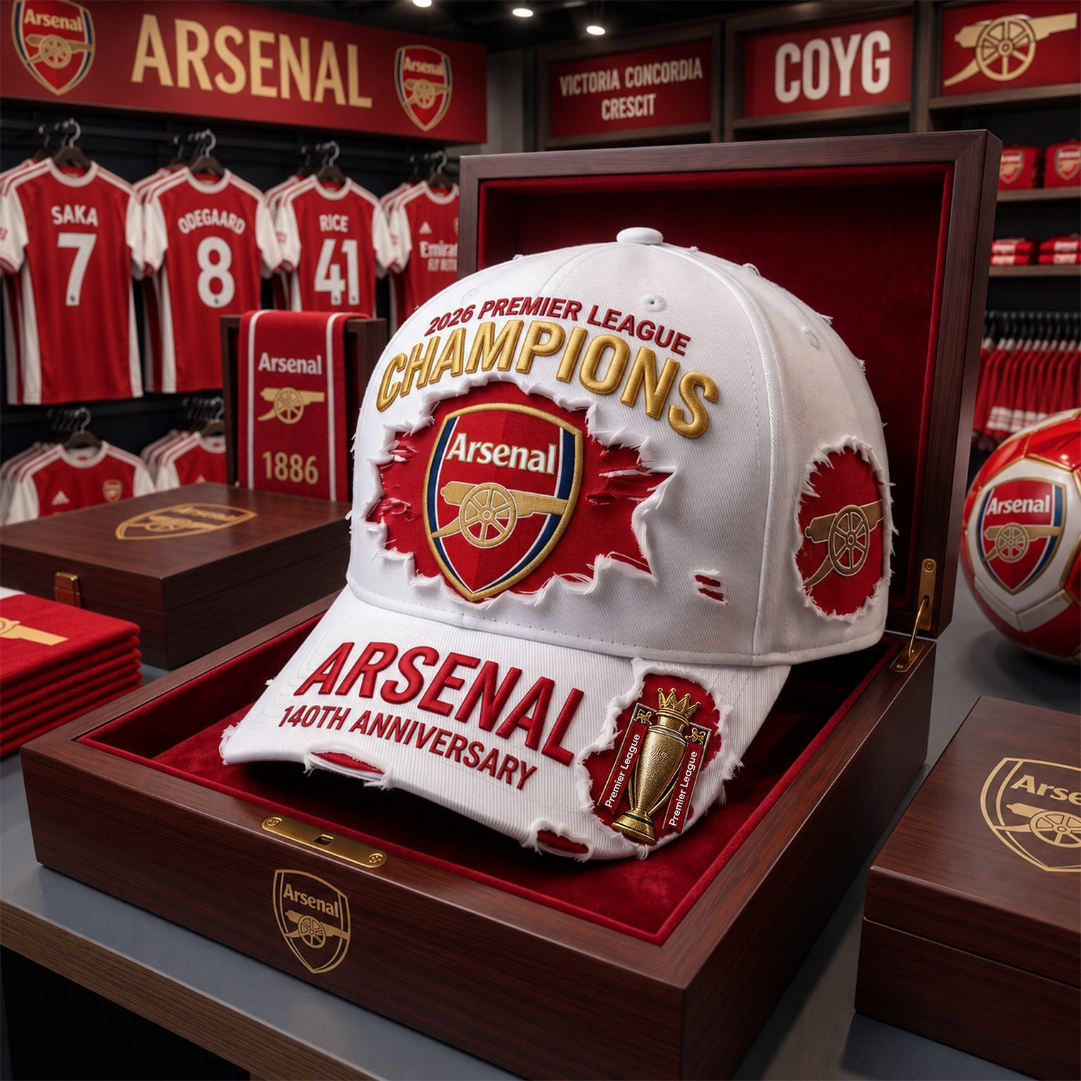 Arsenal FC 140TH Anniversary Champions Distressed Hat 1886 2026 Arsenal FC Merch Fan Gifts - Merchluma
