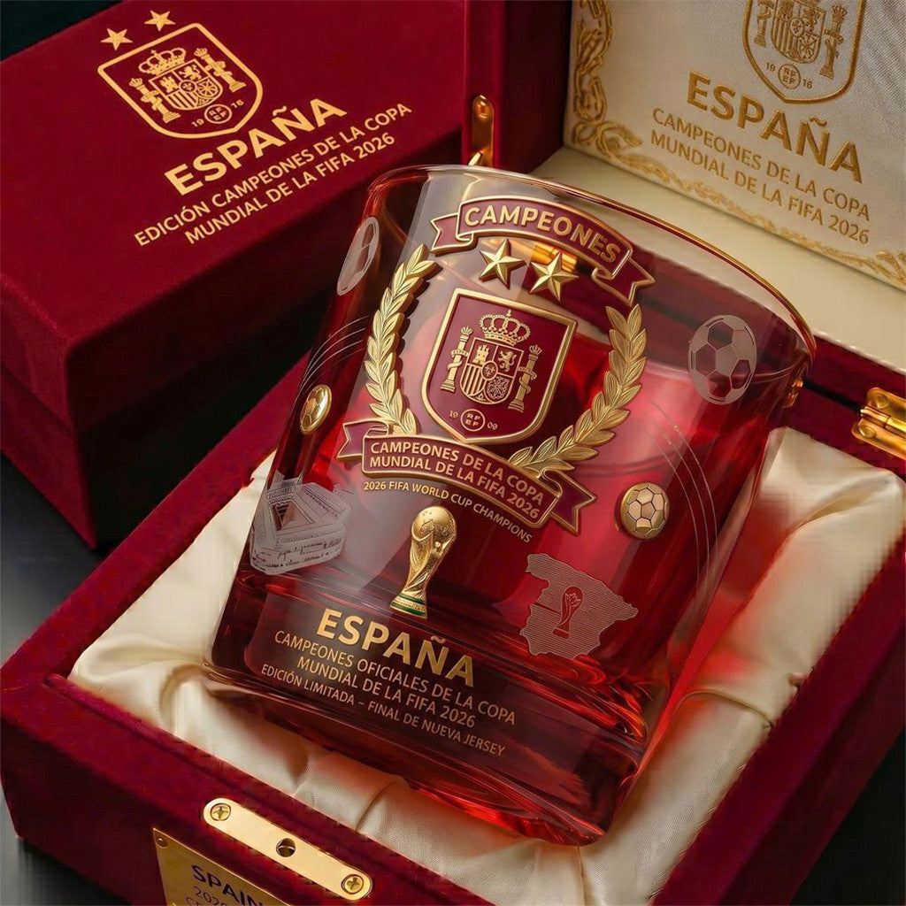 Spain 2026 World Cup Champions Whiskey Glass Two Stars FIFA Winner Merch Gift For Spain Fans - Merchluma