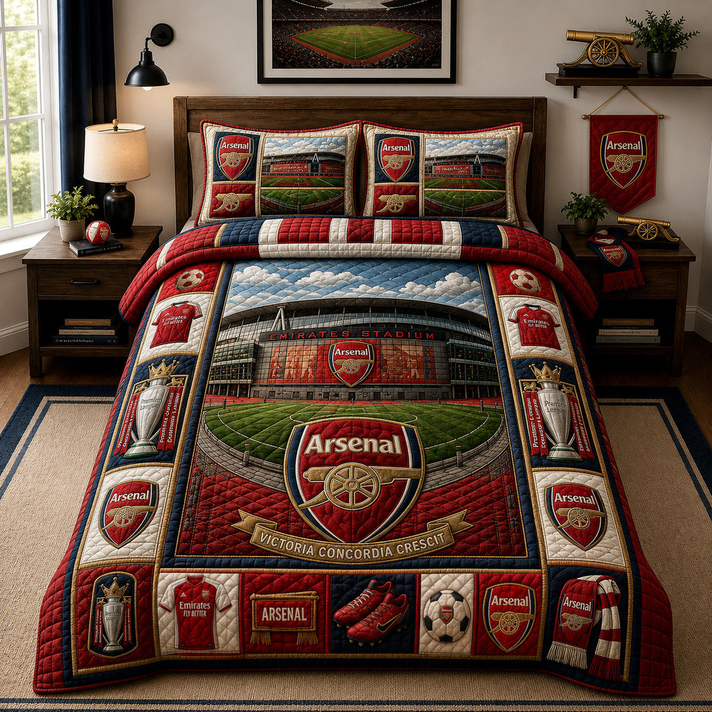 Arsenal FC Pattern Quilt Bedding Set Bedroom Decor Ideas Arsenal FC Champions Merch Fan Gifts - Merchluma