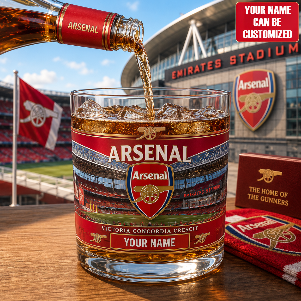 Personalized Arsenal FC Victoria Concordia Crescit Whiskey Glass Arsenal FC Merch Fan Gifts - Merchluma