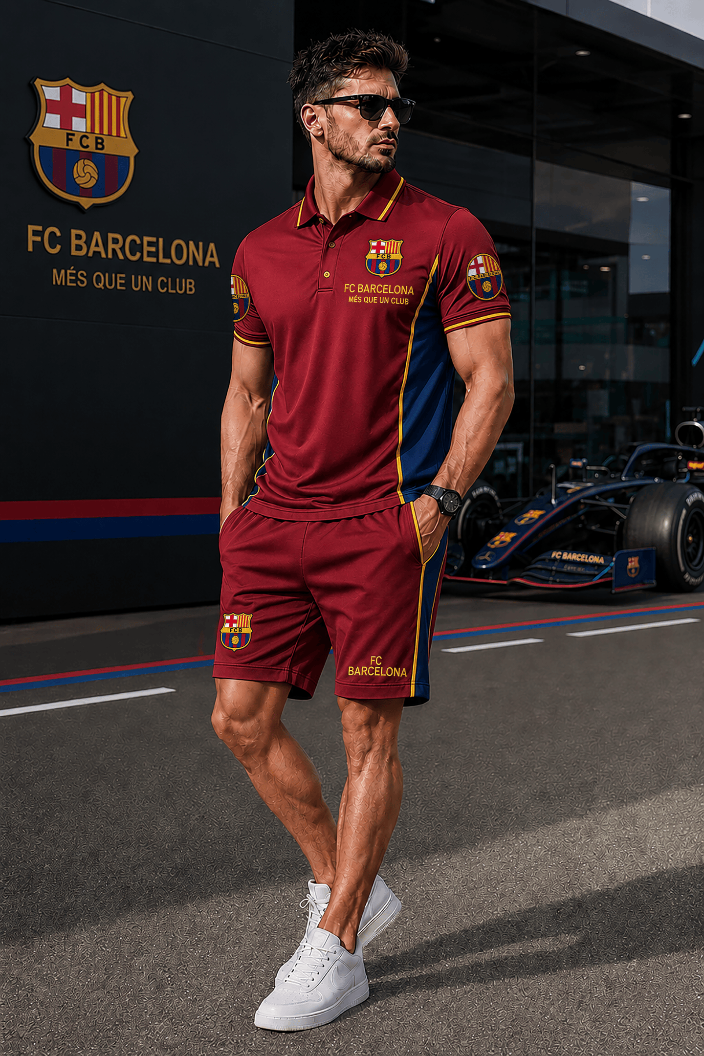 Barca FC Mes Que Un Club Polo Shirt And Shorts Set FC Barcelona Merch Dad Gifts - Merchluma