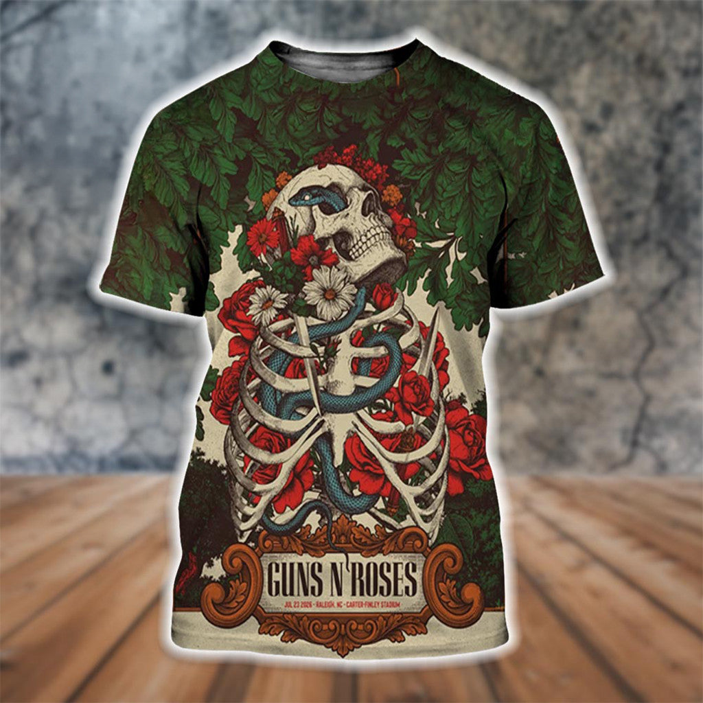 Guns N Roses Raleigh NC 2026 Event Poster Skeleton Flowers T-Shirt Guns N Roses Merch Fan Gift - Merchluma