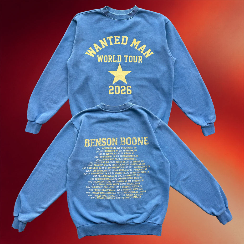 Benson Boone Merch 2026 World Tour Varsity Crewneck Sweatshirt Wanted Man Tour Merch Fan Gifts - Merchluma