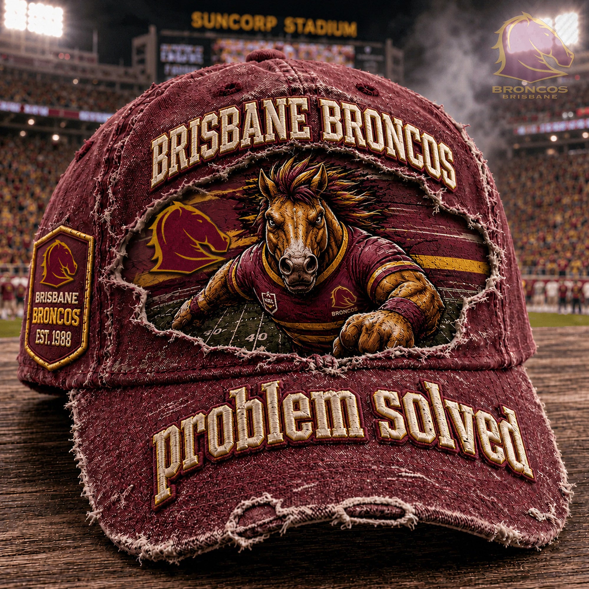 Brisbane Broncos 2026 Problem Solved Distressed Hat Brisbane Broncos Merch Gift For Rugby Fans - Merchluma