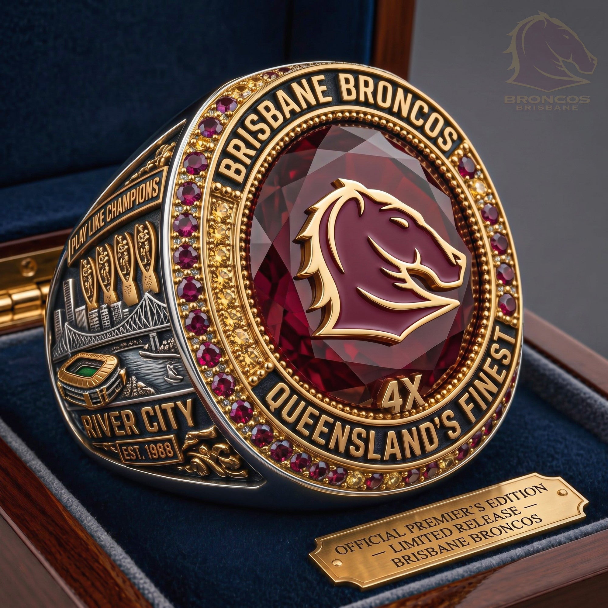 Brisbane Broncos Championship Ring 4x Queensland's Finest Ring Brisbane Broncos Merch Fan Gifts - Merchluma