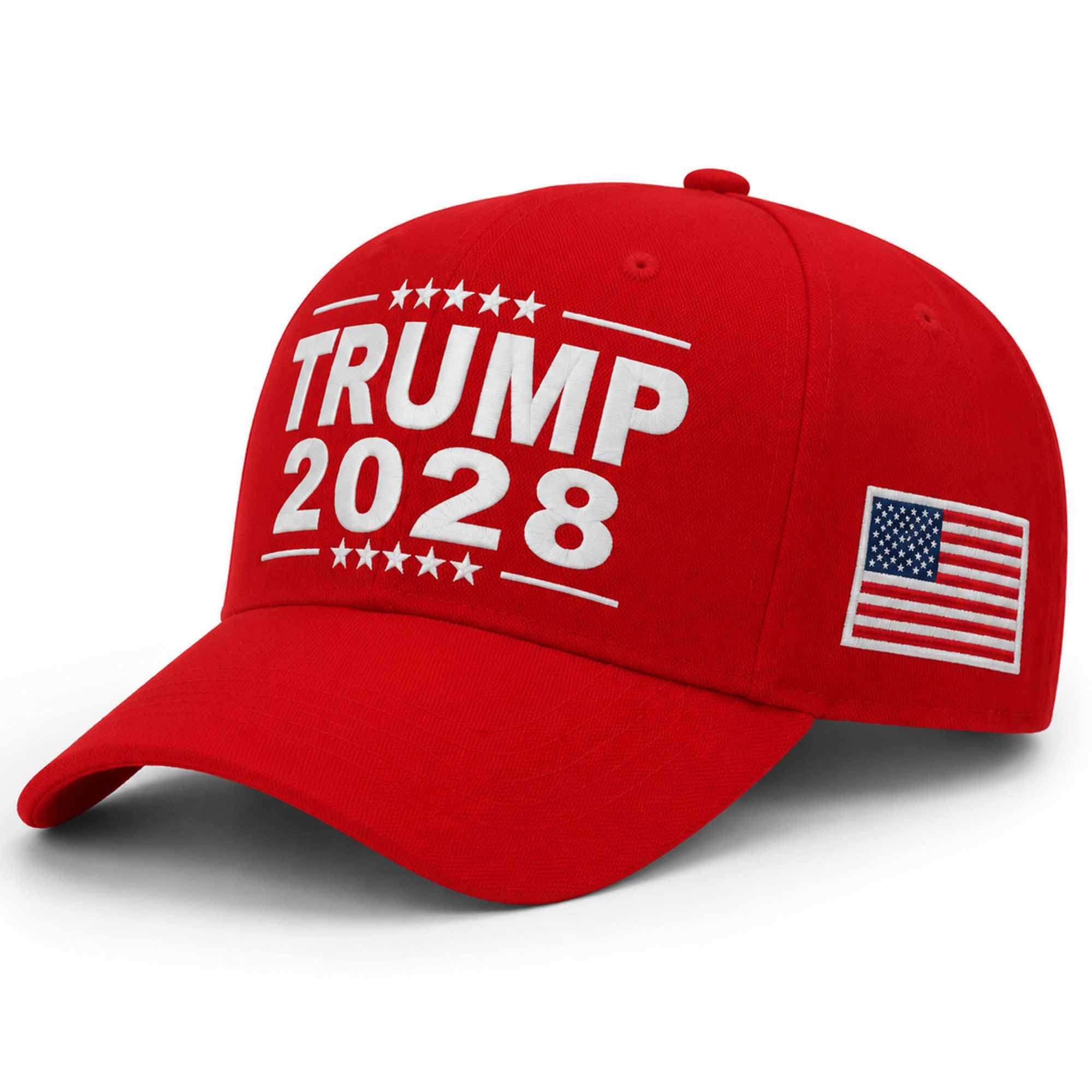 Trump 2028 Hat Embroidered USA Flag Cap Red MAGA Merch Gift For Trump Supporters - Merchluma