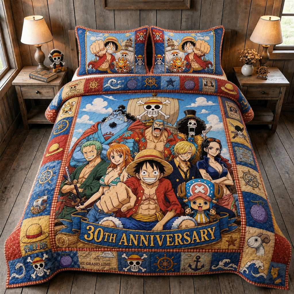 One Piece 30th Anniversary Quilt Bedding Set Strawhats Pirates Anime Merch Bedroom Decor - Merchluma