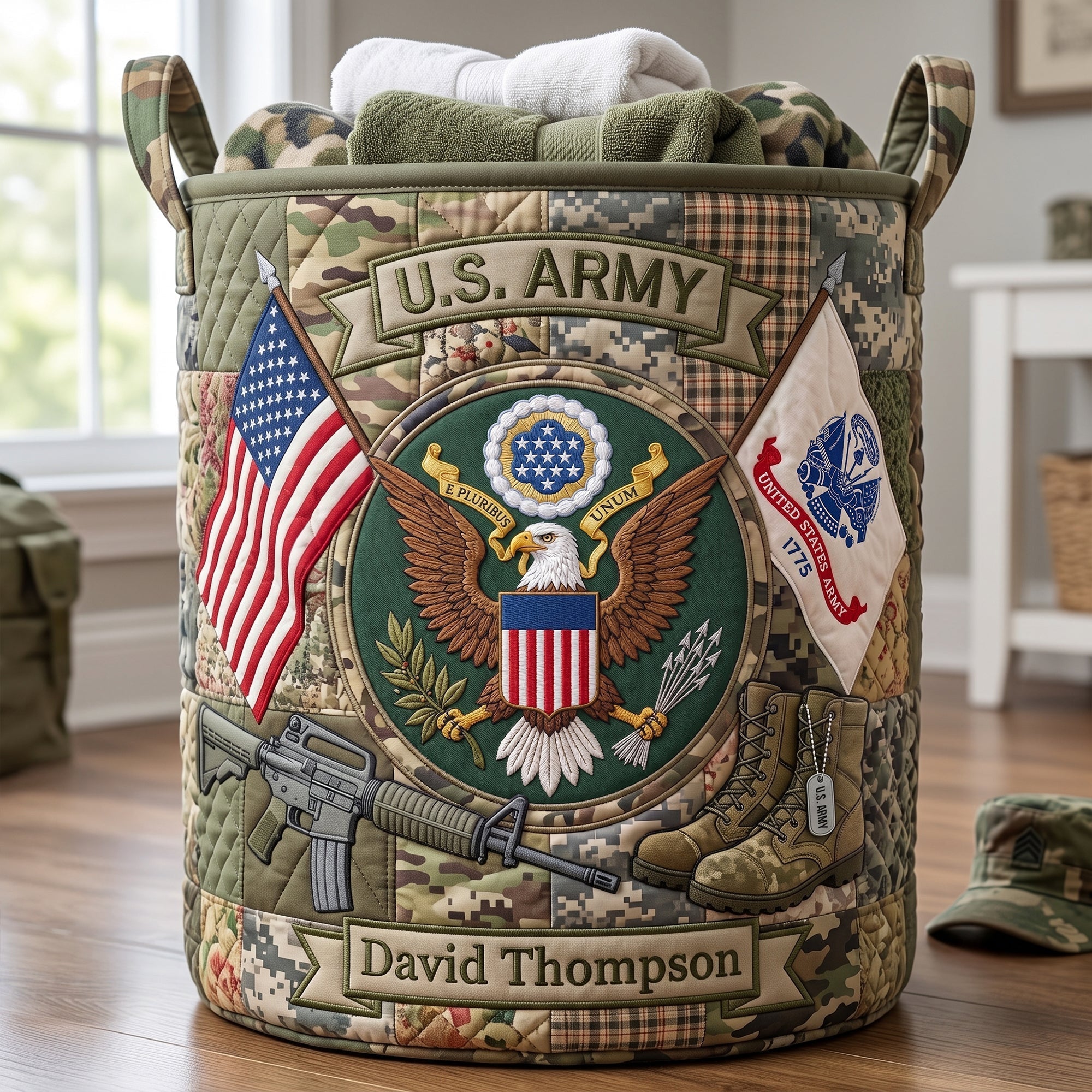 Custom US Army Quilted Laundry Basket Military Pride Patriotic Merch Gift For Army Veterans - Merchluma