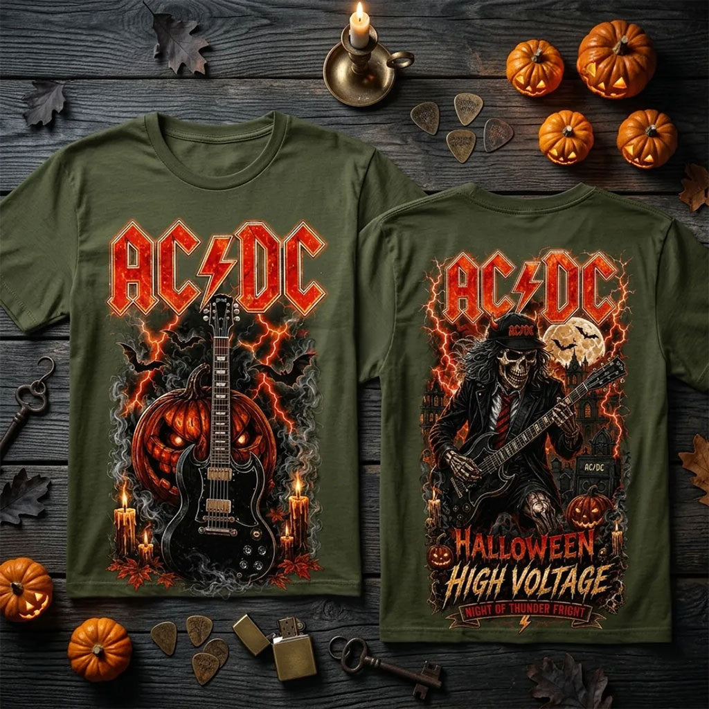 ACDC High Voltage Pumpkin Skeleton T-Shirt ACDC Merch Gifts For Rock Fans - Merchluma