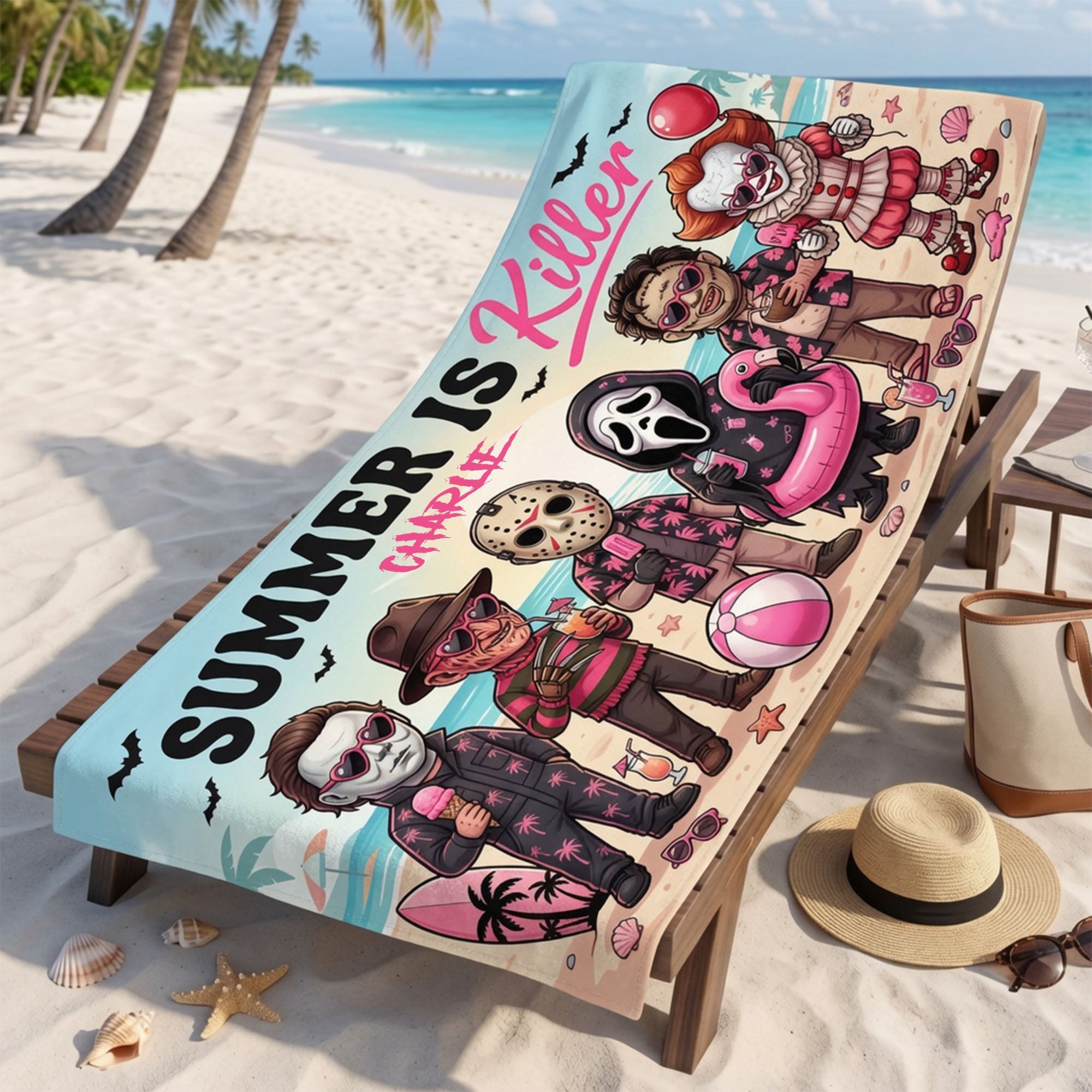 Personalized Summer Is Killer Beach Towel Scary Summer Merch Spooky Vacation Gifts - Merchluma