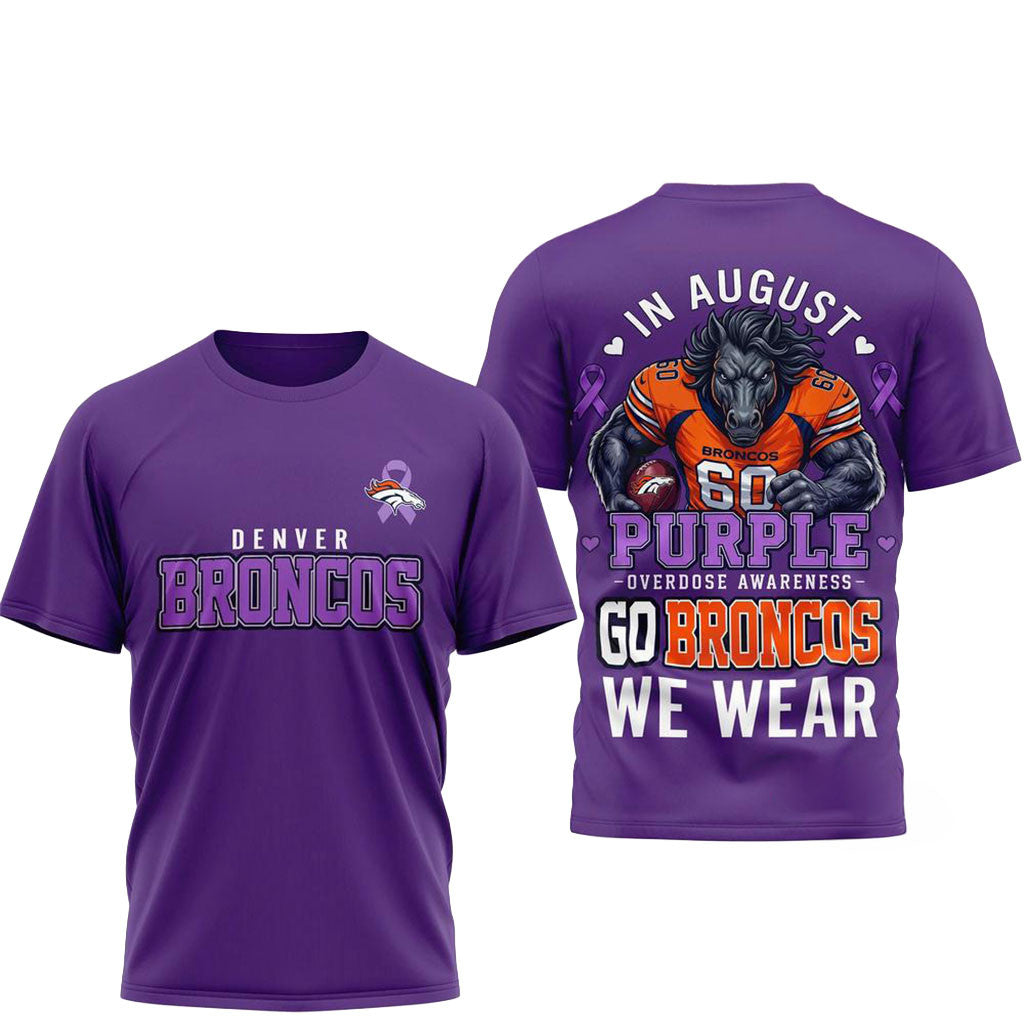 Denver Broncos In August We Wear Purple Overdose Awareness Shirt Broncos Merch Him Gifts - Merchluma