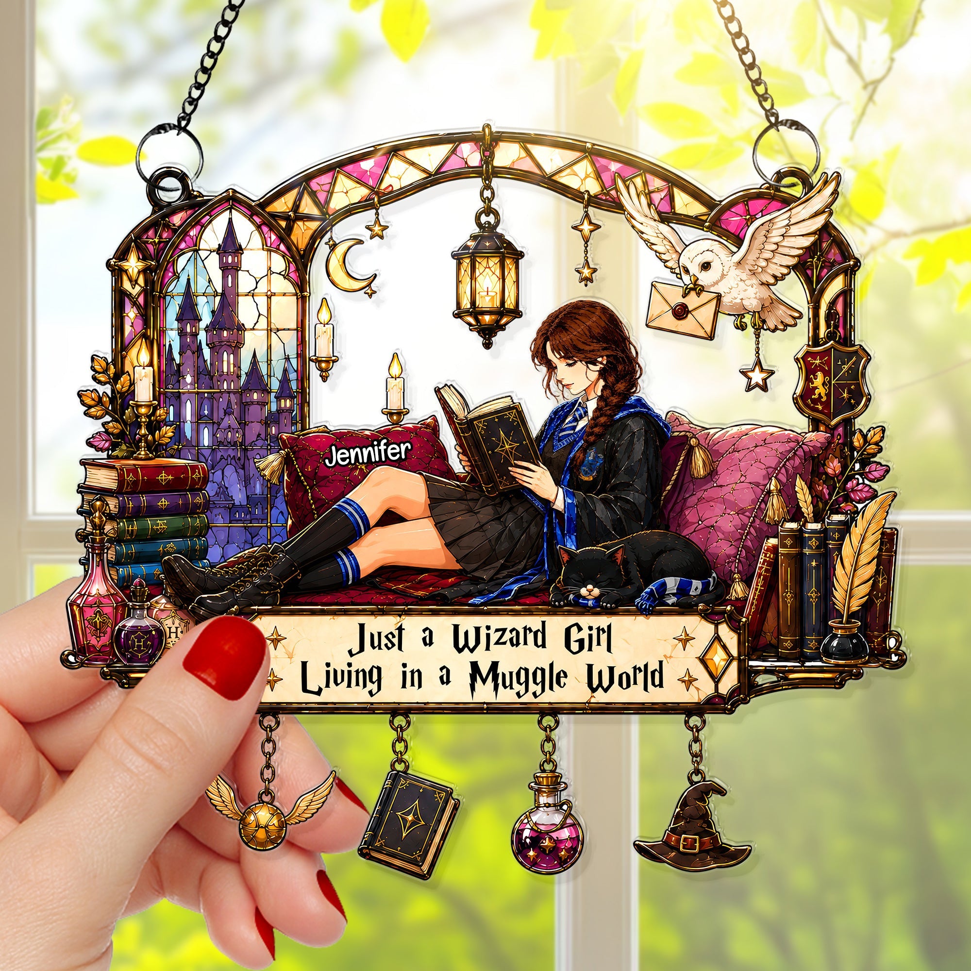 Personalized Just A Wizard Girl Living In A Muggle World Acrylic Suncatcher Gifts For Book Lovers - Merchluma