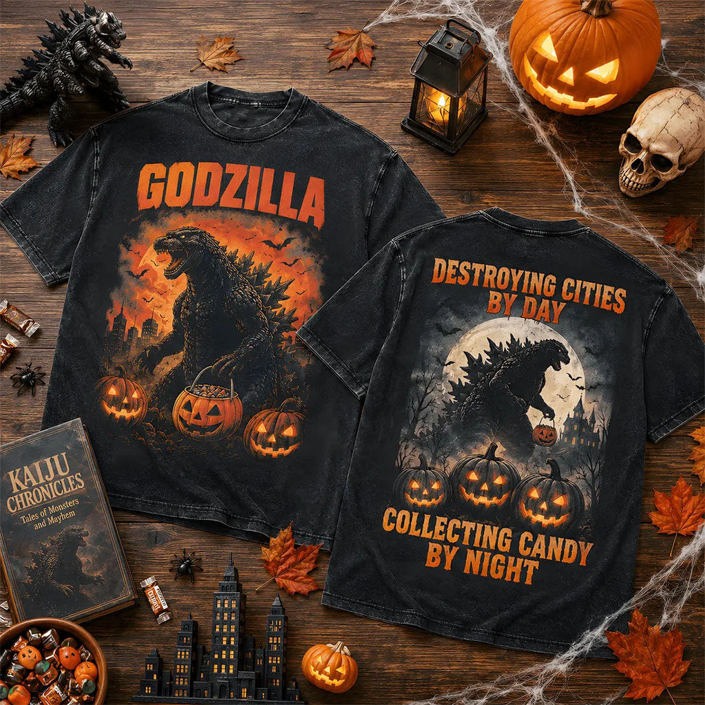 Godzilla Destroying Cities Halloween Wash T-Shirt Godzilla Merch Gifts For Movie Fans - Merchluma