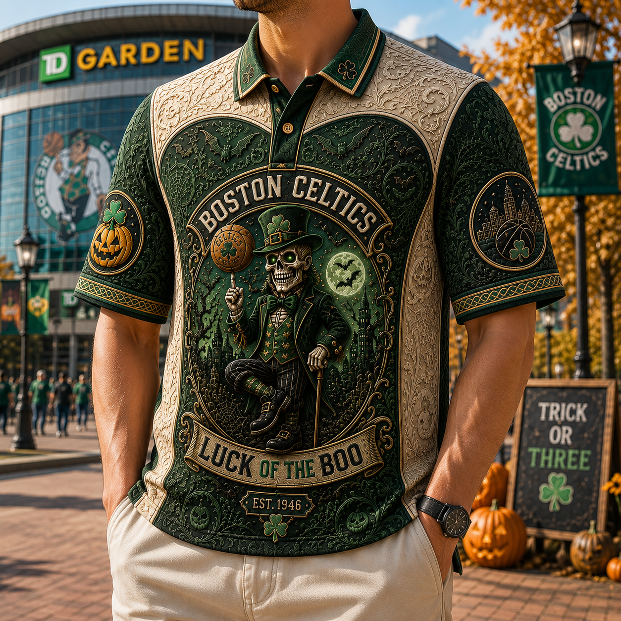 Boston Celtics Halloween Merch Luck Of The Boo Polo Shirt Spooky Apparel Basketball Fan Gifts - Merchluma