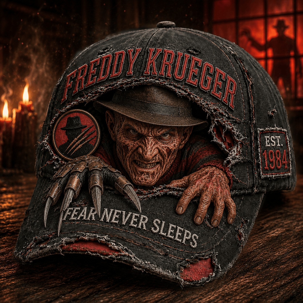 Freddy Krueger Fear Never Sleeps Est 1984 Hat Freddy Krueger Merch Horror Legend Distressed Cap - Merchluma