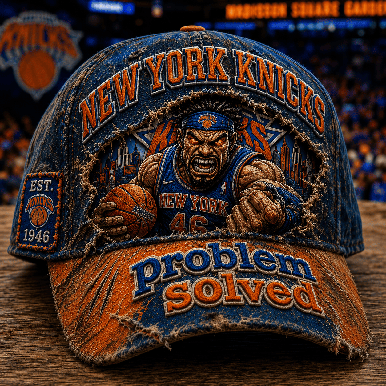 New York Knicks Distressed Hat Problem Solved Vintage Cap Knicks Merch Basketball Fan Gifts - Merchluma