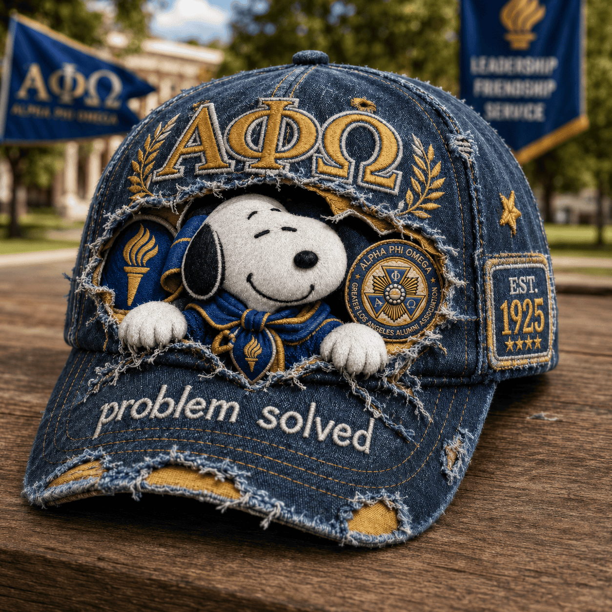 Alpha Phi Omega X Snoopy Distressed Hat Problem Solved Vintage Baseball Cap Gift For Son - Merchluma