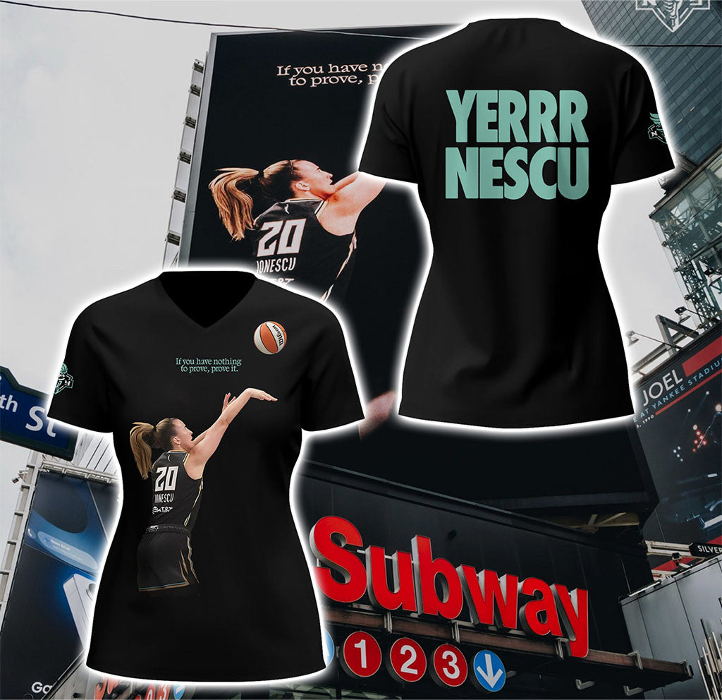New York Liberty Merch YERRR NESCU All-Star V-Neck Shirt Black Basketball Fan Apparel - Merchluma