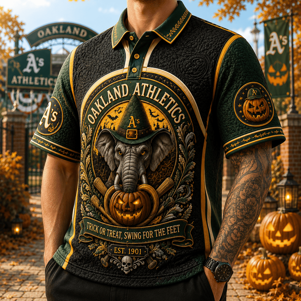 Oakland Athletics Merch Halloween 2026 Trick Or Treat Swing For The Feet Polo Shirt Men's - Merchluma