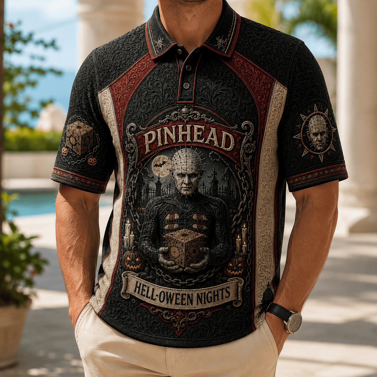 Pinhead Hell-Oween Nights Polo Shirt Halloween Clothing Pinhead Hellraiser Merch Fan Gifts - Merchluma