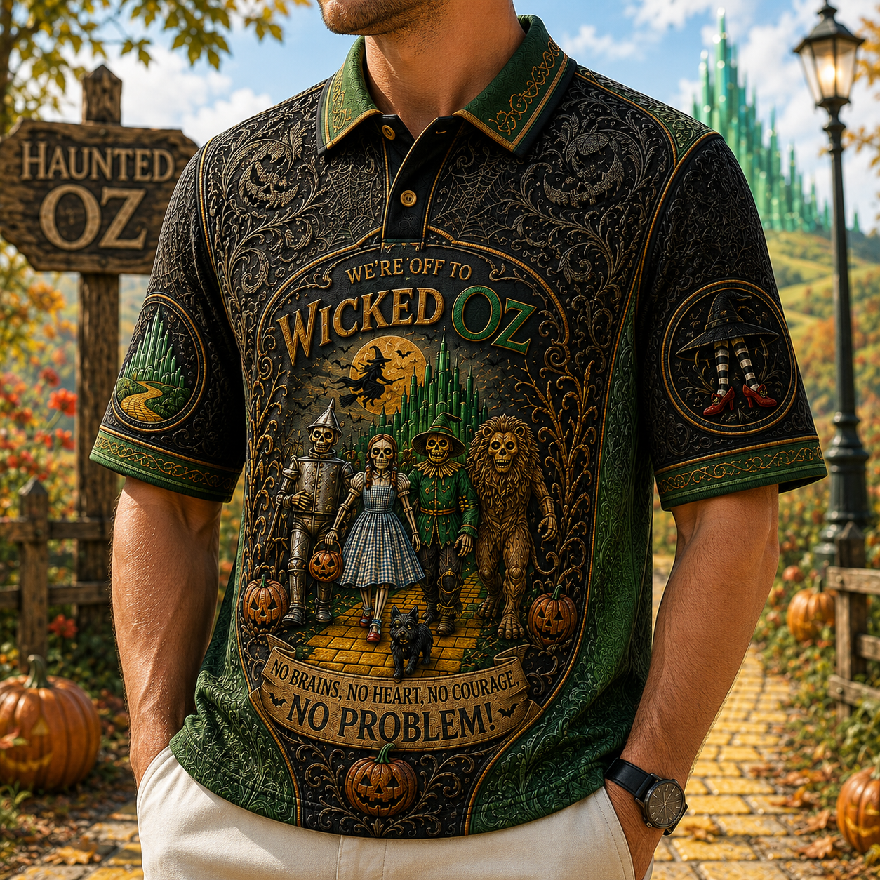 Wicked Oz Merch Halloween 2026 No Brains No Heart No Courage No Problem Polo Shirt Him Gifts - Merchluma
