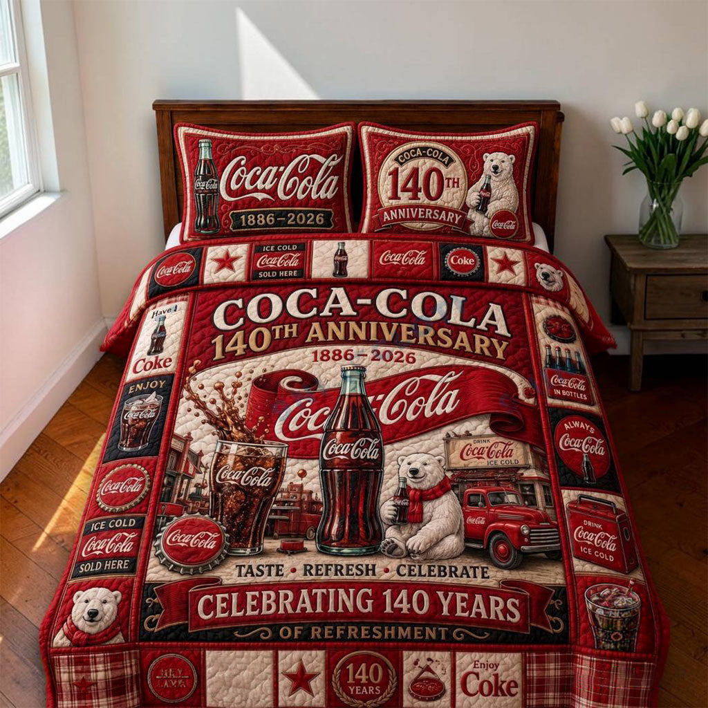 Coca-Cola 140th Anniversary 1886-2026 Quilted Bedding Set Coca-Cola Merch Bedroom Decor - Merchluma