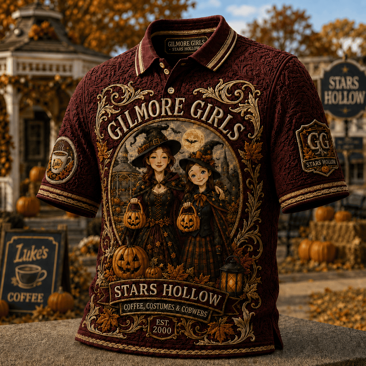 Gilmore Girls Stars Hollow Halloween Polo Shirt Coffee Costumes And Cobwebs Gilmore Girls Merch - Merchluma