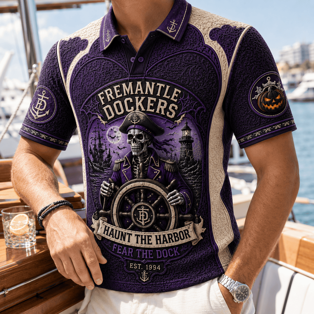 Fremantle Dockers Halloween Merch Haunt The Harbor Fear The Dock Polo Shirt Present For Dad - Merchluma