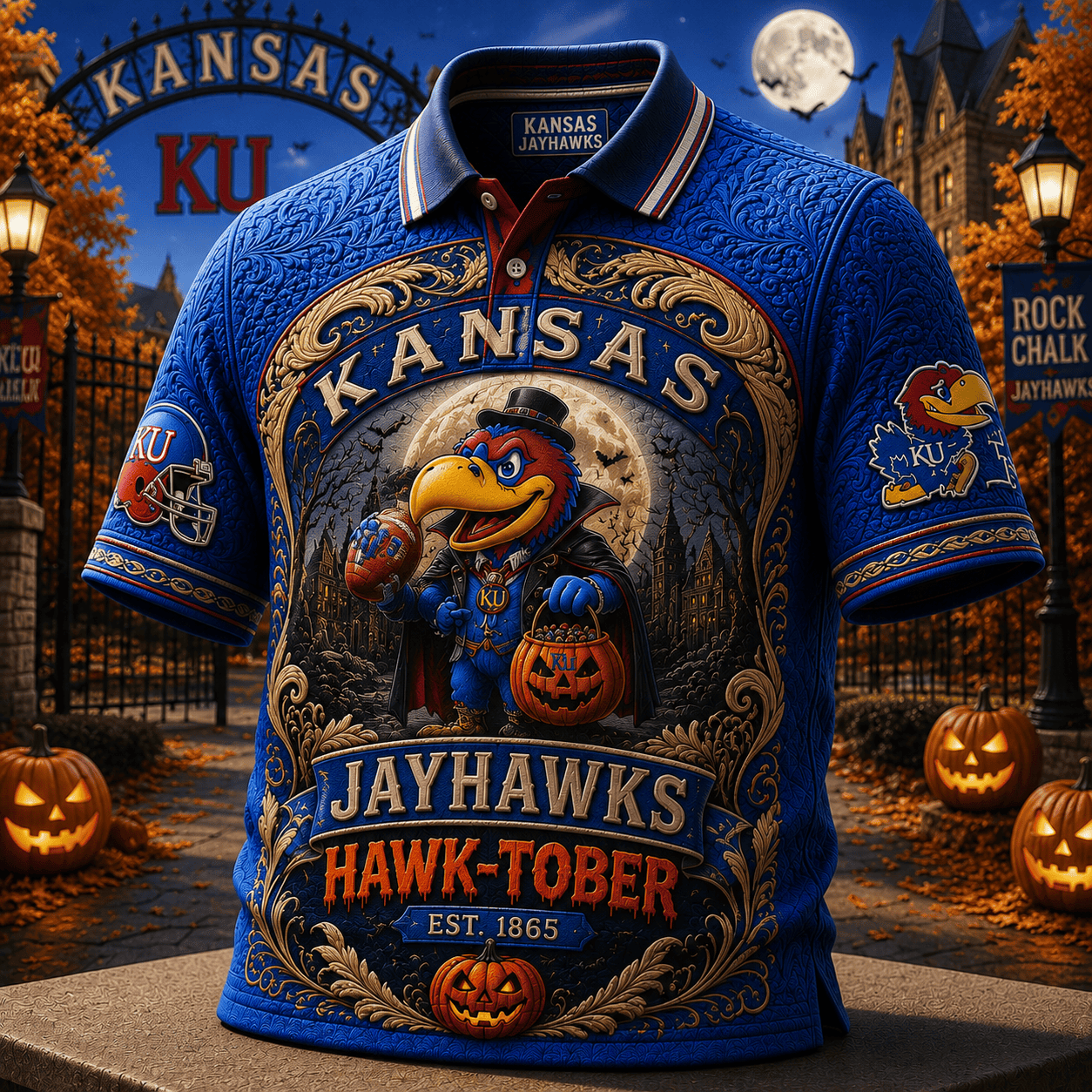 Kansas Jayhawks Merch Halloween 2026 Hawk-Tober Polo Shirt Presents For Football Lovers - Merchluma