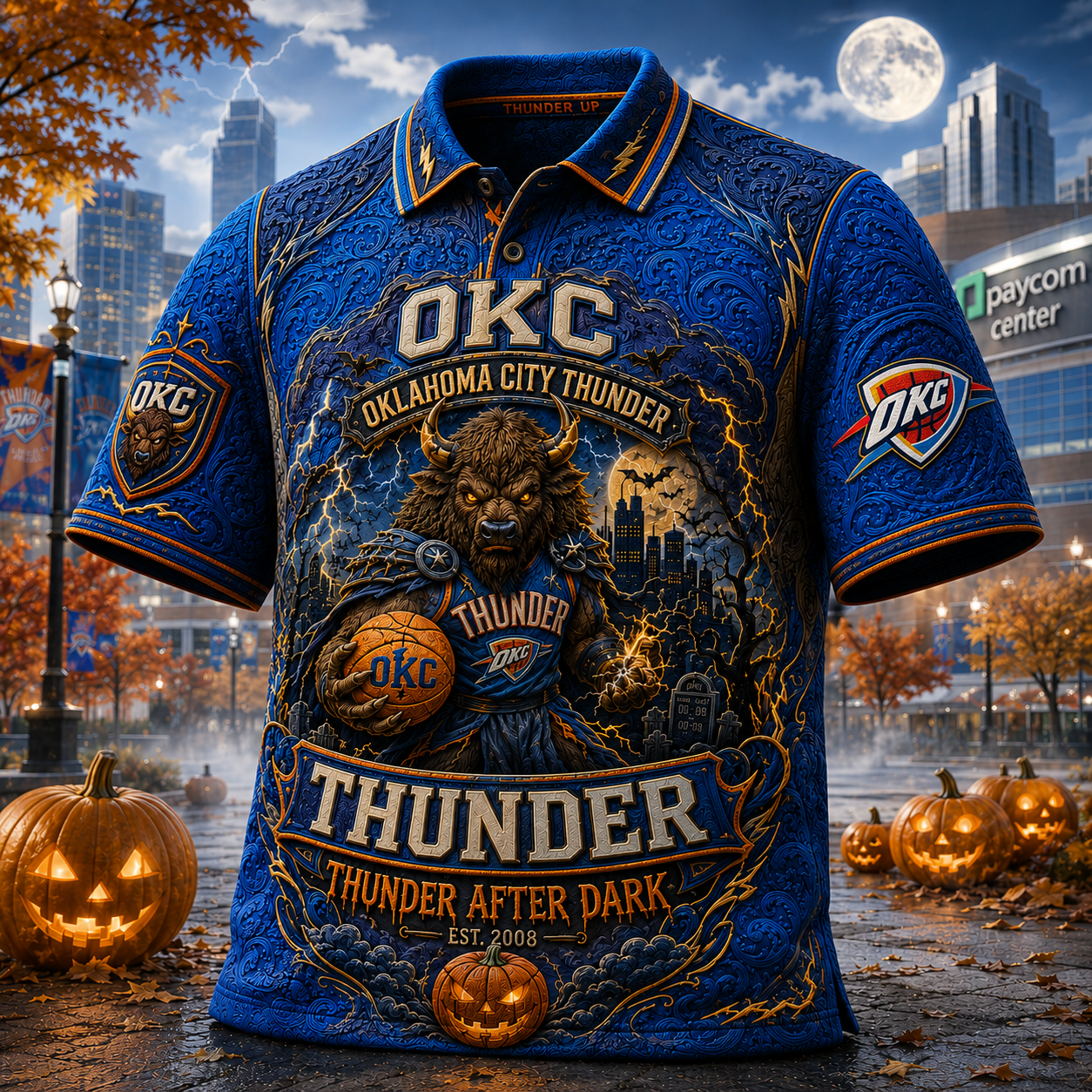 Oklahoma City Thunder Halloween Merch Thunder After Dark Polo Shirt Basketball Fan Gift Ideas - Merchluma