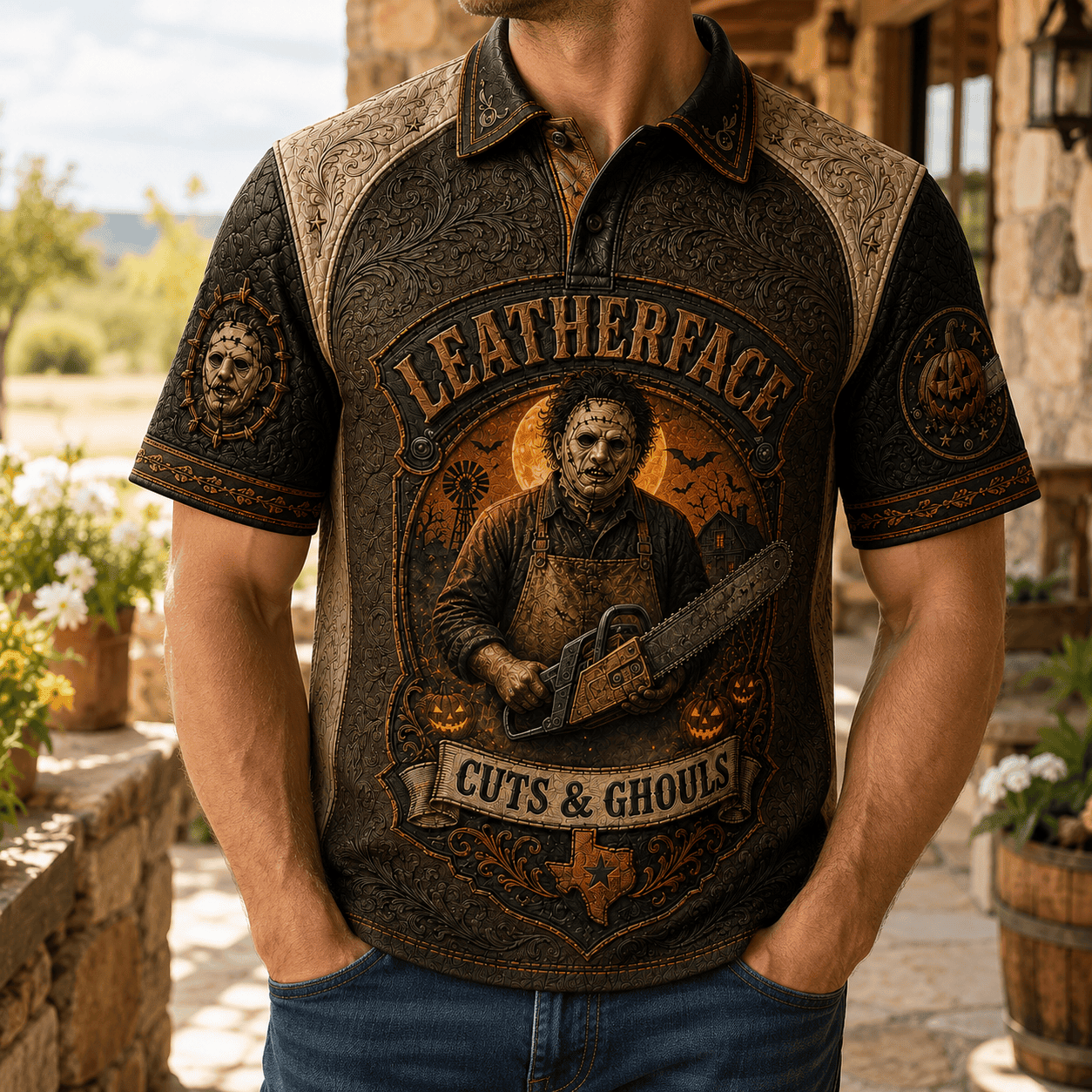 Leatherface Halloween Merch 2026 Cuts And Ghous Polo Shirt Best Gifts For Horror Lovers - Merchluma
