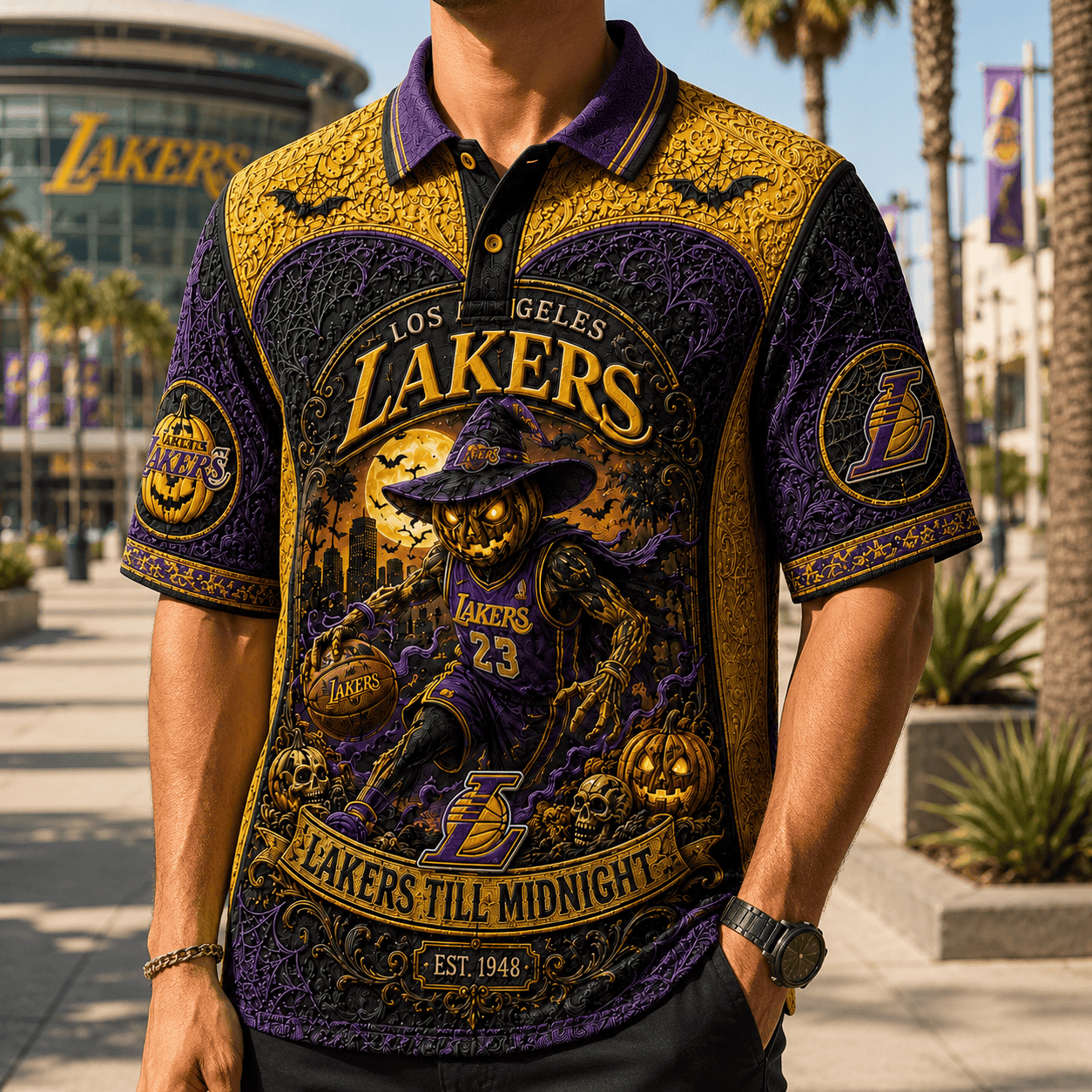 Los Angeles Lakers Halloween Merch Lakers Till Midnight Polo Shirt Basketball Fan Gifts Ideas - Merchluma