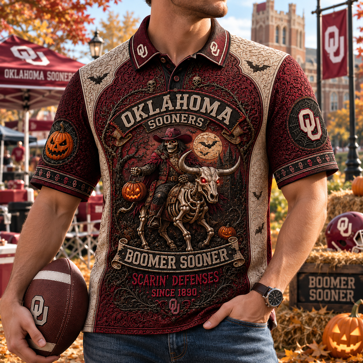 Oklahoma Sooners Merch Halloween 2026 Boomer Sooner Scarin Defenses Polo Shirt Gift For Him - Merchluma