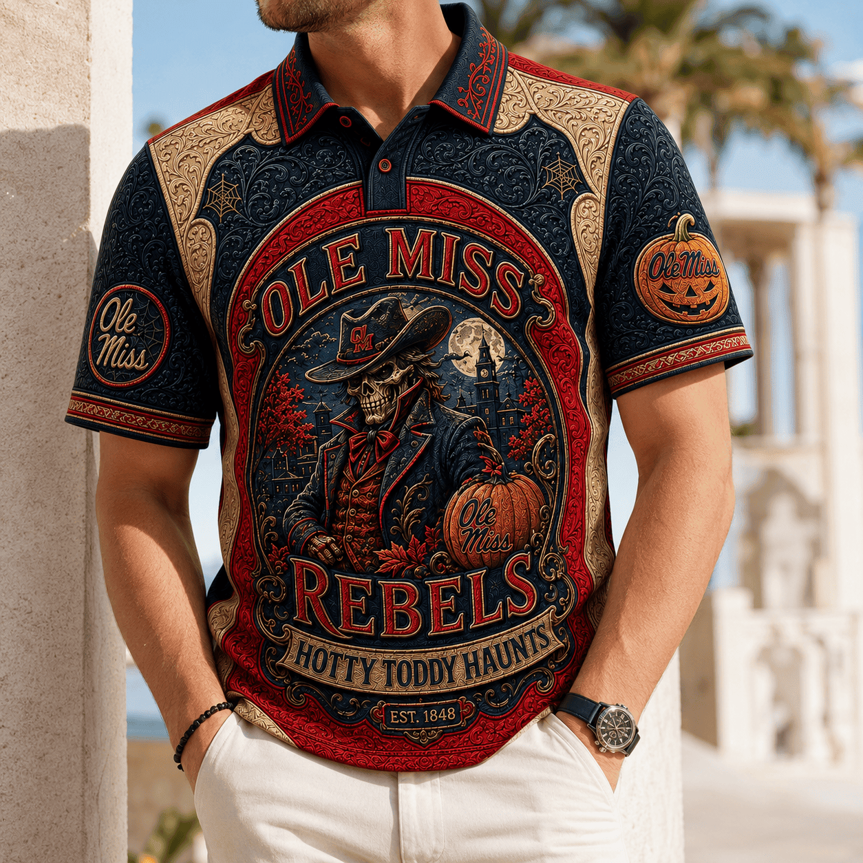 Ole Miss Rebels Halloween Merch Hotty Toddy Haunts Polo Shirt Halloween Gifts For Men - Merchluma