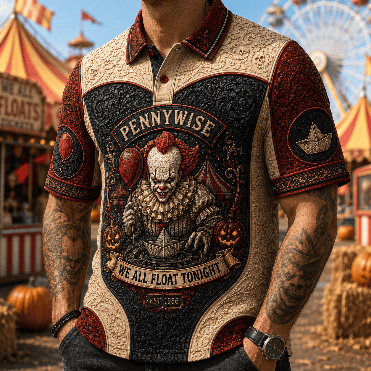Pennywise Halloween Merch We All Float Tonight Polo Shirt IT Movie Merch Gift For Horror Fans - Merchluma