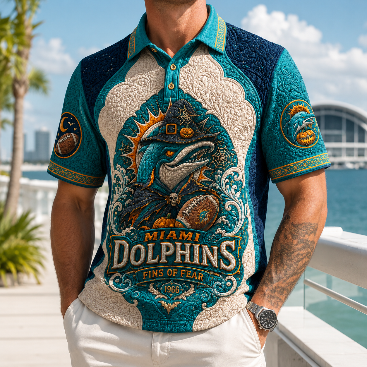 Miami Dolphins Halloween Merch Fins Or Fear Polo Shirt Football Fan Gear Gift For Men - Merchluma