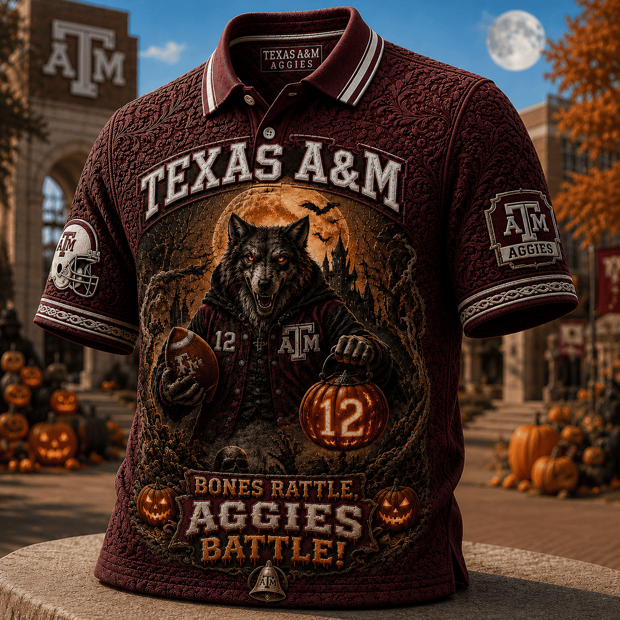 Texas A&M Merch Halloween 2026 Bones Rattle Aggies Battle Polo Shirt Football Fan Clothing - Merchluma