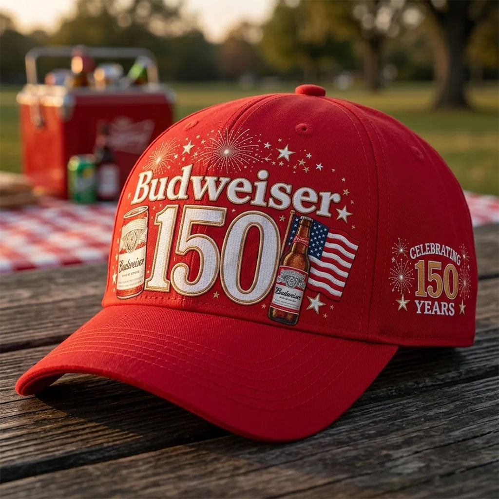 Budweiser 150th Anniversary Red Baseball Hat Budweiser Merch Gifts For Beer Lovers - Merchluma