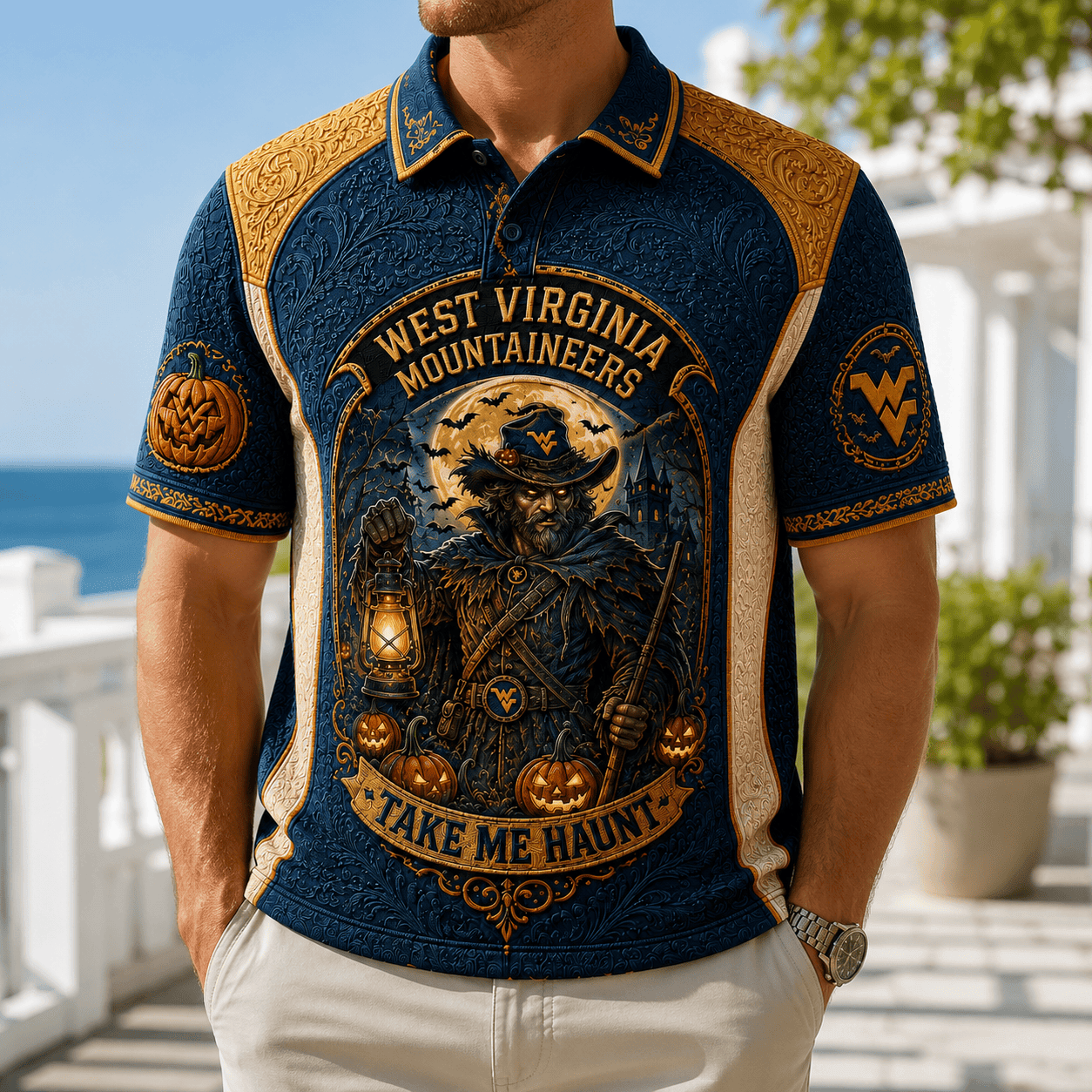 West Virginia Mountaineers Merch Halloween 2026 Take Me Haunt Polo Shirt Gift For Brothers - Merchluma