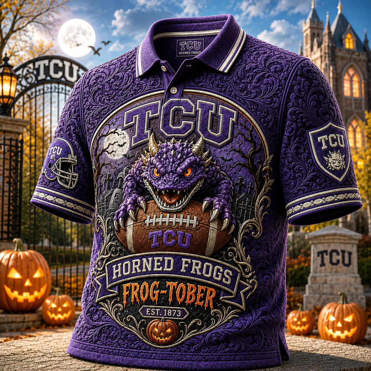 TCU Horned Frogs Merch Halloween 2026 Frog-Tober Polo Shirt Football Fan Gear Spooky Gifts - Merchluma