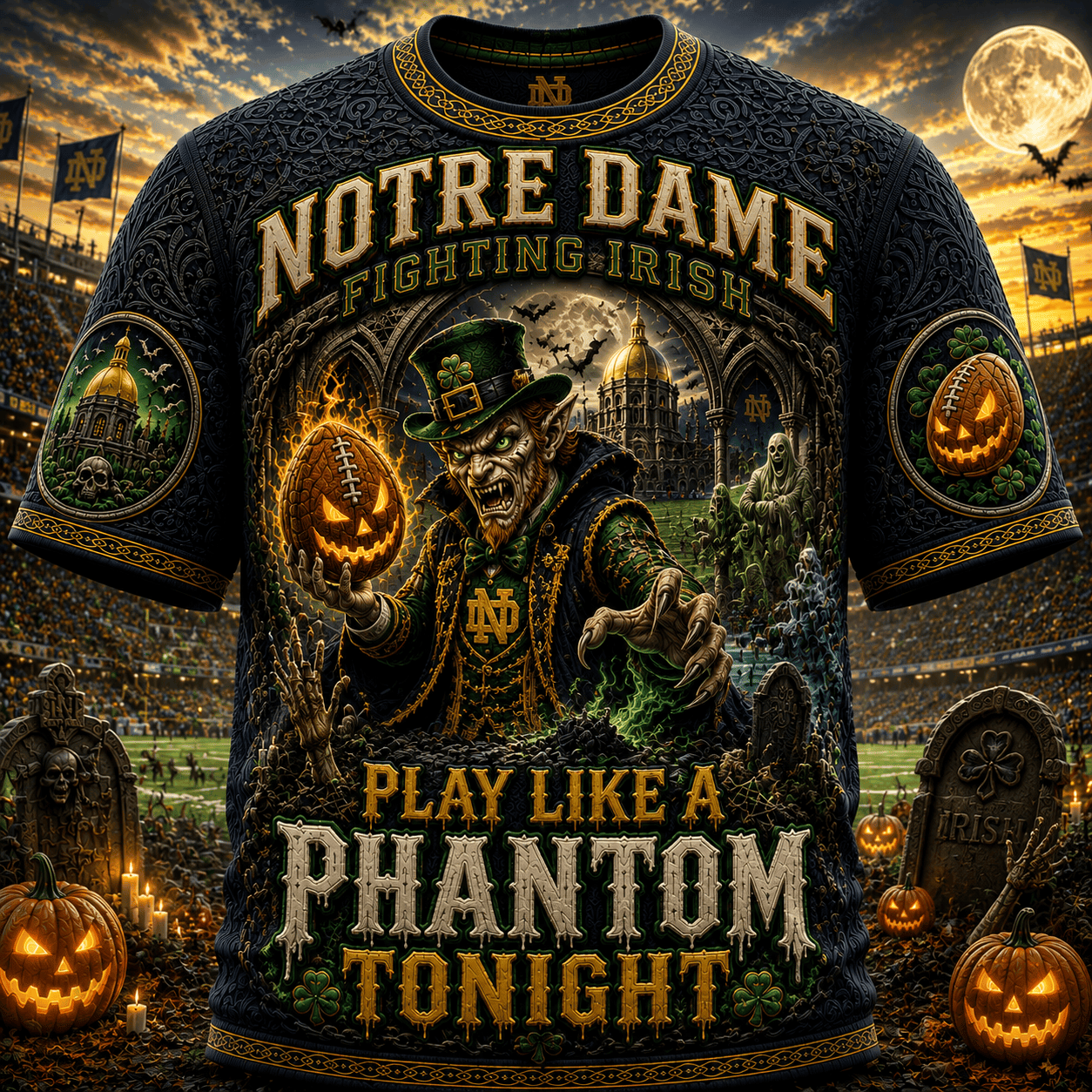Notre Dame Fighting Irish Merch Halloween T-Shirt Play Like A Phantom Tonight Shirt Fan Gear - Merchluma