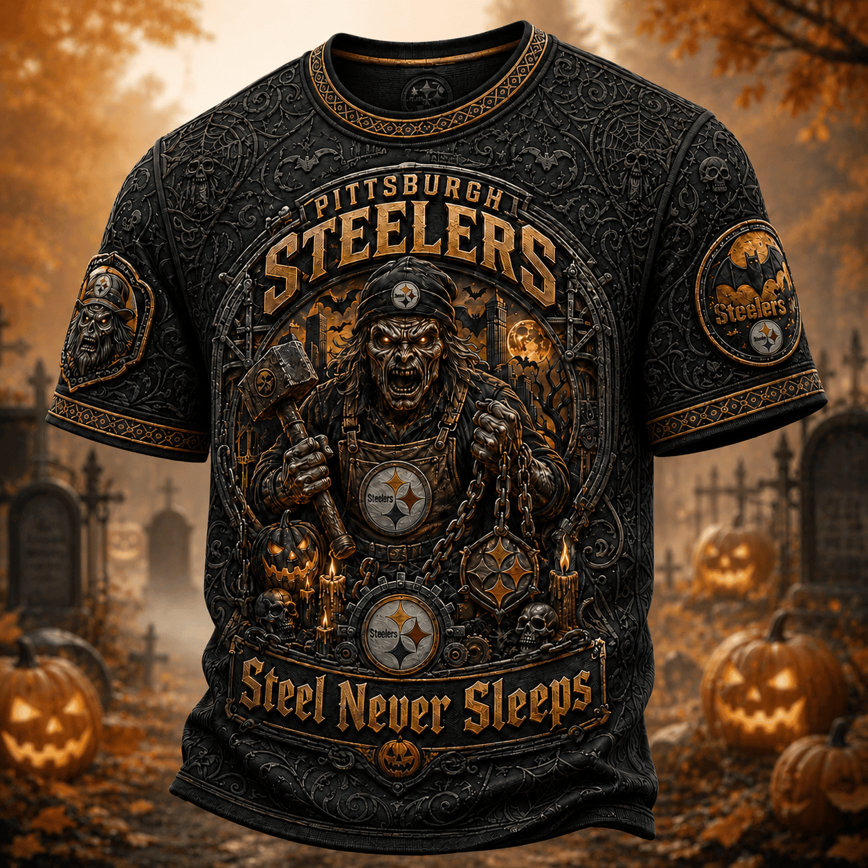 Pittsburgh Steelers Merch Halloween T-Shirt Steel Never Sleeps Shirt Halloween Themed Presents - Merchluma