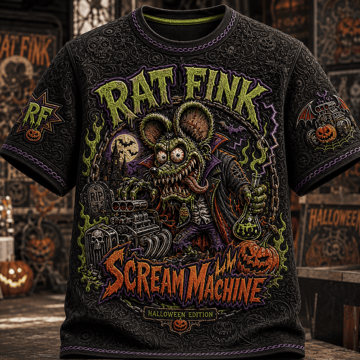 Rat Fink Halloween Themed T-Shirt Scream Machine Shirt Rat Fink Merch Spooky Gift Ideas - Merchluma