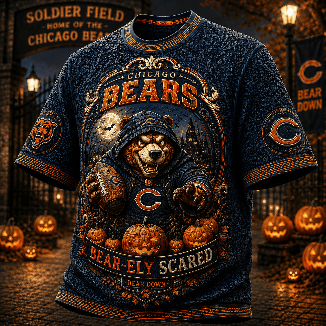 Chicago Bears Halloween Merch Bear-Ely Scared T-Shirt Bear Down Shirt Football Fan Gifts Ideas - Merchluma