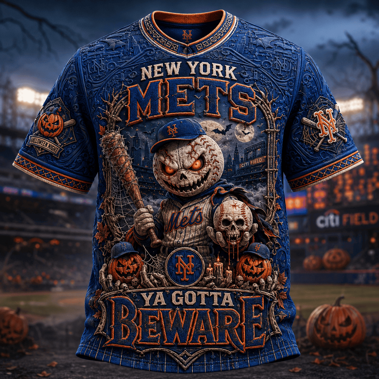 New York Mets Halloween Themed T-Shirt Ya Gotta Beware Shirt NY Mets Merch Baseball Fan Gifts - Merchluma
