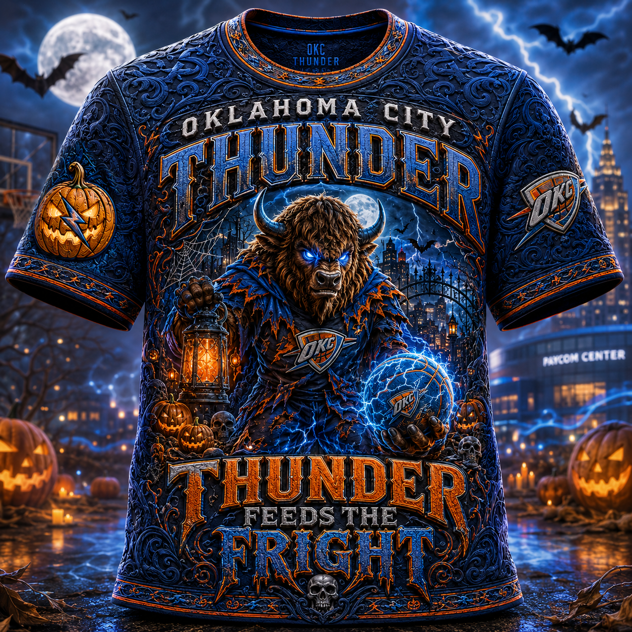 Oklahoma City Thunder Halloween Merch Thunder Feeds The Fright T-Shirt Basketball Fan Gifts - Merchluma