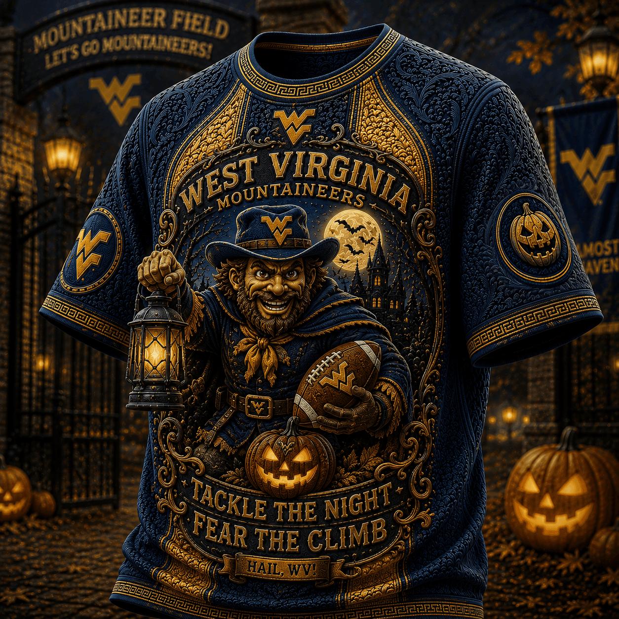 West Virginia Mountaineers Halloween Merch Tackle The Night Fear The Climb T-Shirt Fan Gear - Merchluma